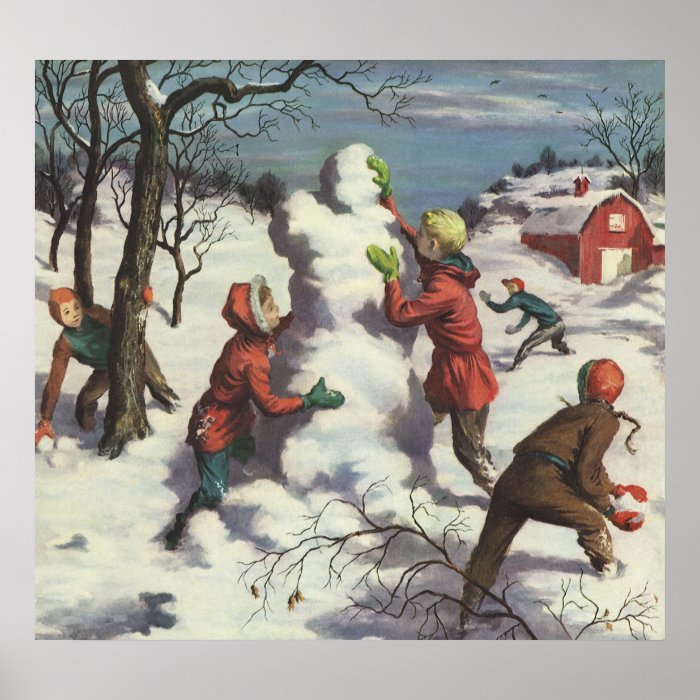 Vintage Christmas, Children Playing in the Snow Print