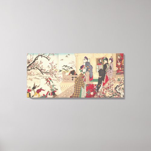 Children Playing in the Snow under Plum Trees Canvas Print