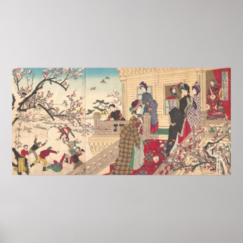 Children Playing in the Snow under Plum Trees Poster