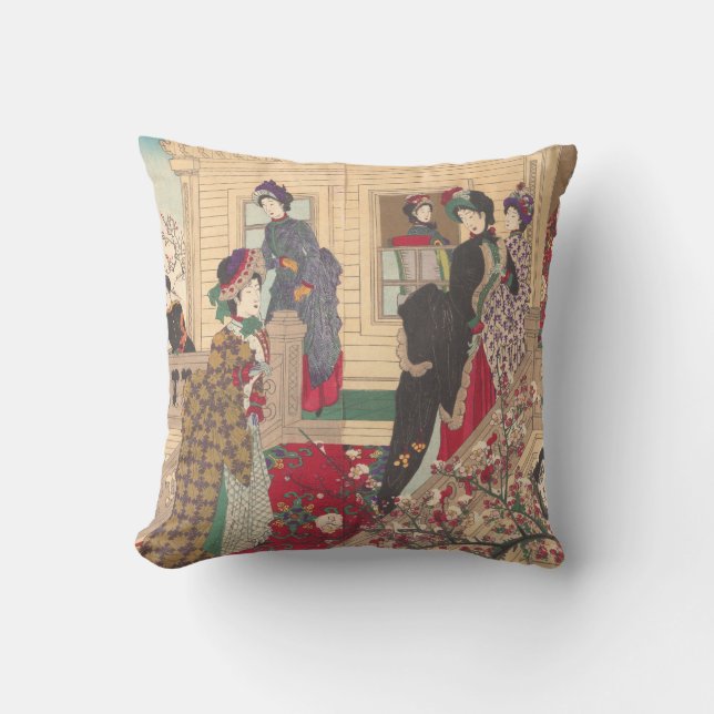 Children Playing in the Snow under Plum Trees Throw Pillow (Front)