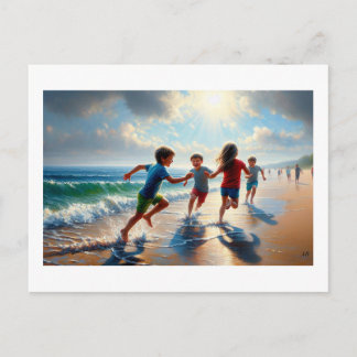 Children Playing On A Sunny Beach, Postcard
