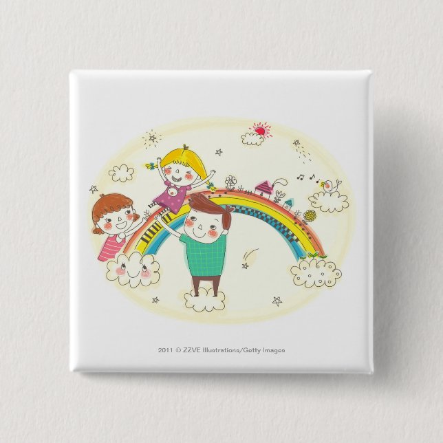 Children playing on rainbow pinback button (Front)