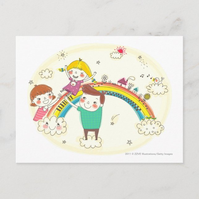 Children playing on rainbow postcard (Front)