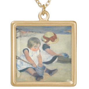 Children Playing on the Beach, 1884 Gold Plated Necklace