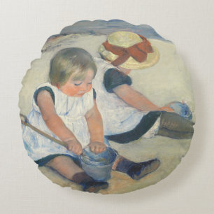 Children Playing on the Beach, 1884 Round Pillow
