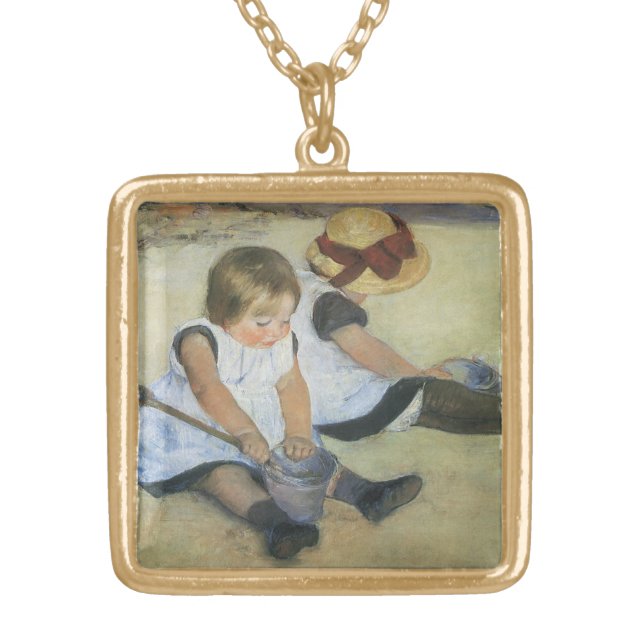 Children Playing on the Beach by Mary Cassatt Gold Plated Necklace (Front)