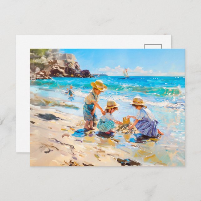 Children Playing on the Beach - Impressionist Art Postcard (Front/Back)