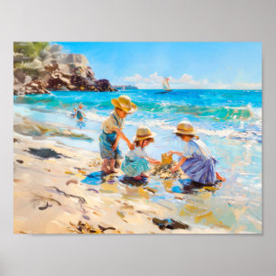 Children Playing on the Beach - Impressionist Art Poster