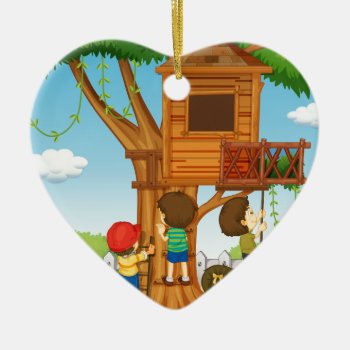Children Playing On The Treehouse Ceramic Ornament by GraphicsRF at Zazzle