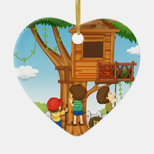 Children playing on the treehouse ceramic ornament