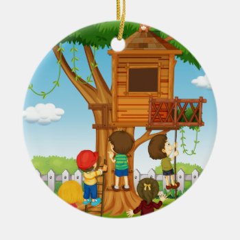 Children Playing On The Treehouse Ceramic Ornament by GraphicsRF at Zazzle