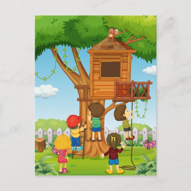 Children playing on the treehouse postcard (Front)