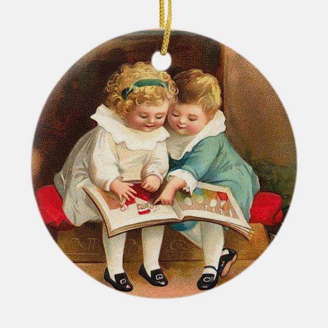 Children Reading Book Christmas Card Ceramic Ornament (Front)