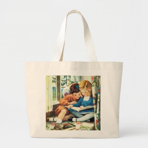 Children Reading Books Having a Merry Christmas Large Tote Bag
