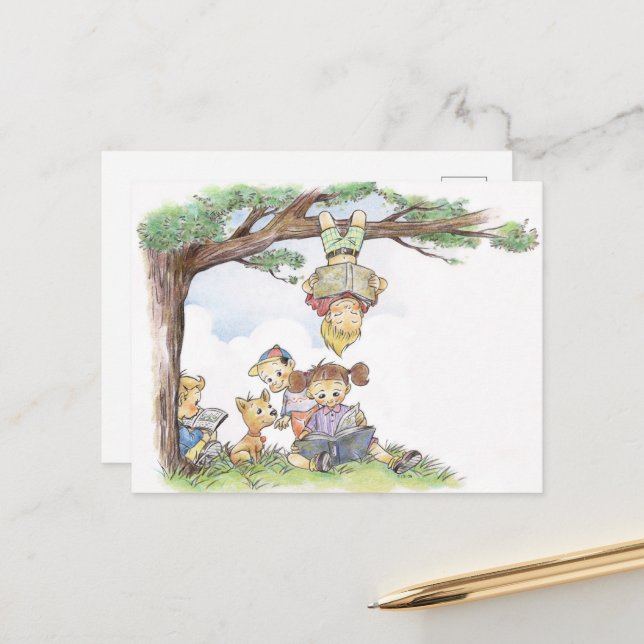 Children Reading Under Tree Postcard (Front/Back In Situ)