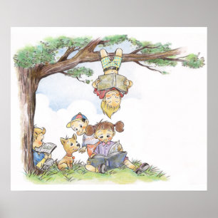 Children Reading Under Tree Poster