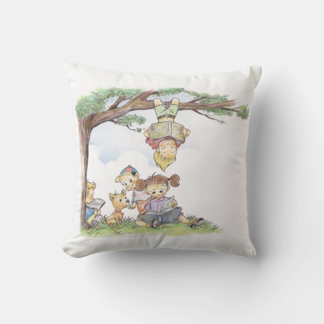 Children Reading Under Tree Throw Pillow (Front)