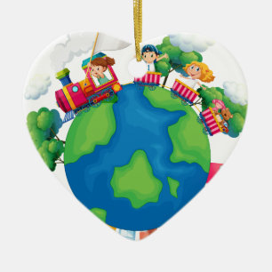 Children riding on train around the world ceramic ornament