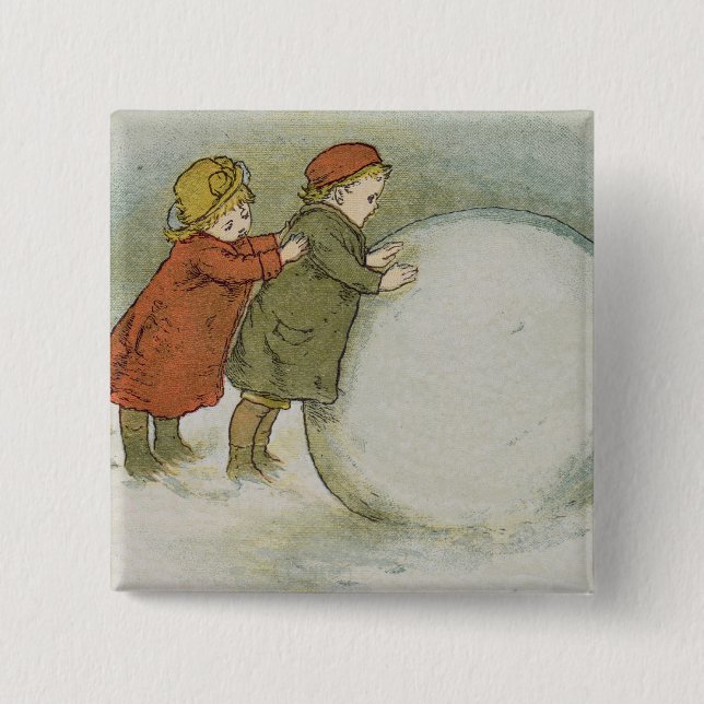 Children Rolling Snowballs Button (Front)