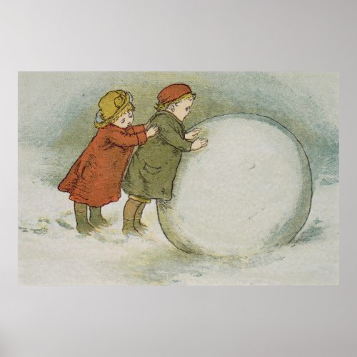 Children Rolling Snowballs Poster