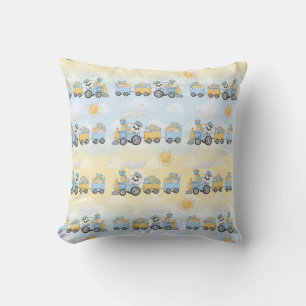 Children’s Cute Dog and Train Throw Yellow Blue Pillow