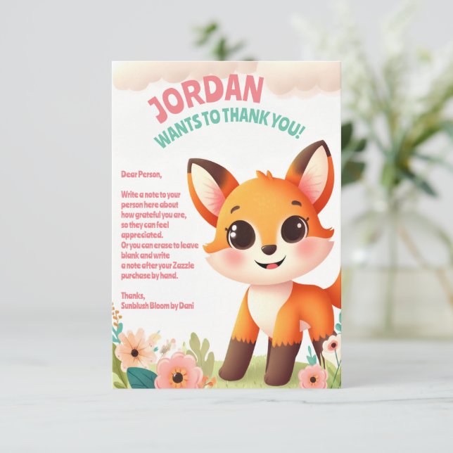 Children’s Cute Little Fox Birthday Party Thank You Card (Standing Front)