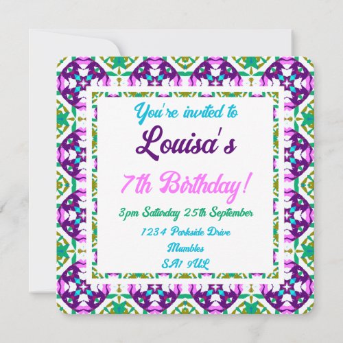 Childrens Fun Pink Purple Green Tropical Birthday Invitation