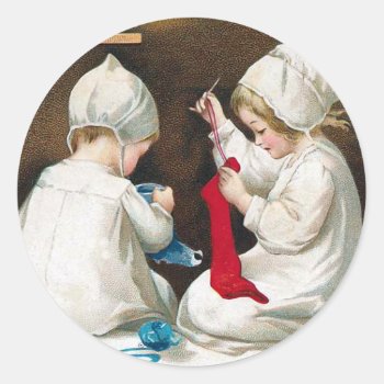 Children Sewing Classic Round Sticker by ChristmasVintage at Zazzle