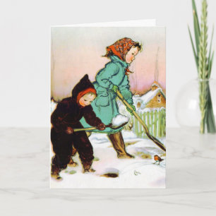 Children Shoveling Snow Holiday Card