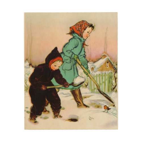 Children Shoveling Snow Holiday Wood Wall Art