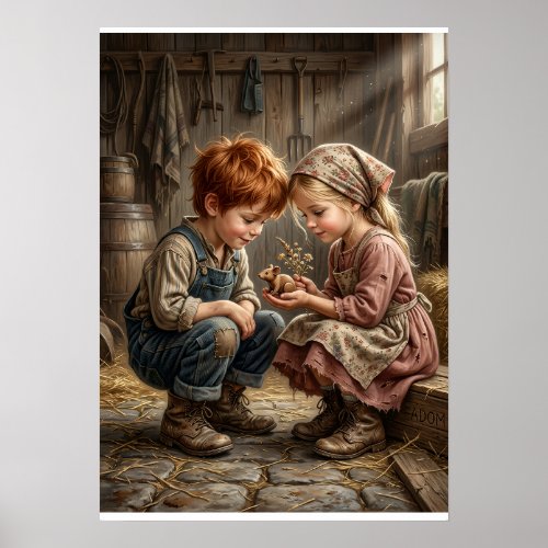 Children Sitting Together In Nostalgic Rural Setti Poster