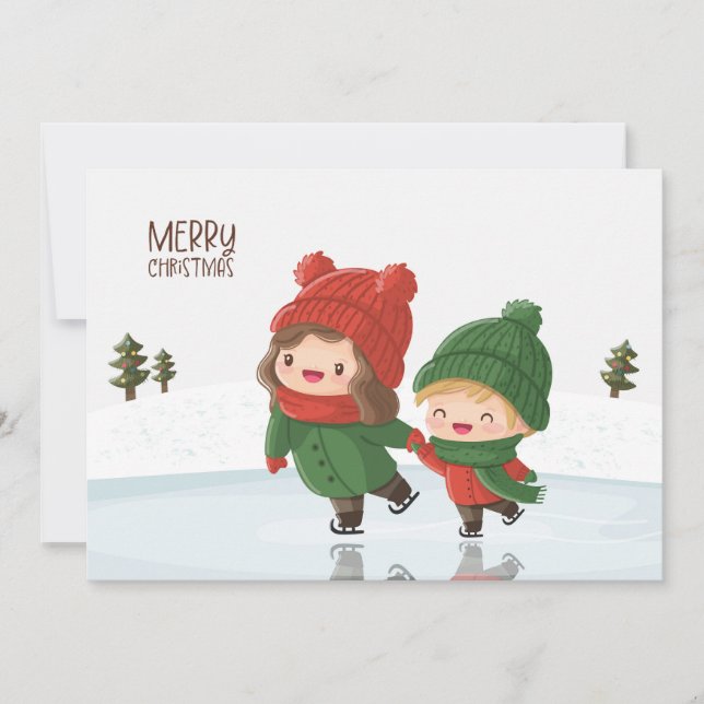 Children skating on ice at Christmas Holiday Card (Front)