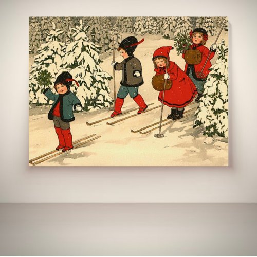 Children skiing a vintage winter scene poster