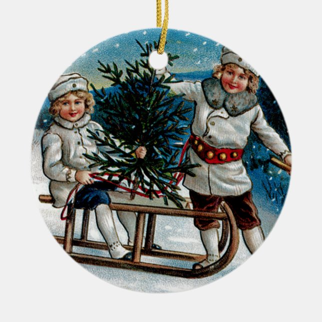 Children Sledding Ceramic Ornament (Front)