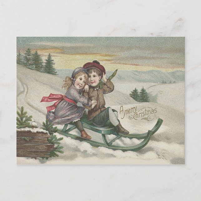 Children Sledding Christmas Tree Snow Winter Holiday Postcard (Front)