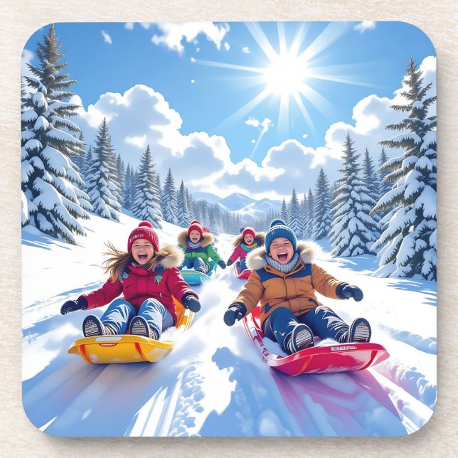 Children Sledding Winter Christmas Beverage Coaster (Front)