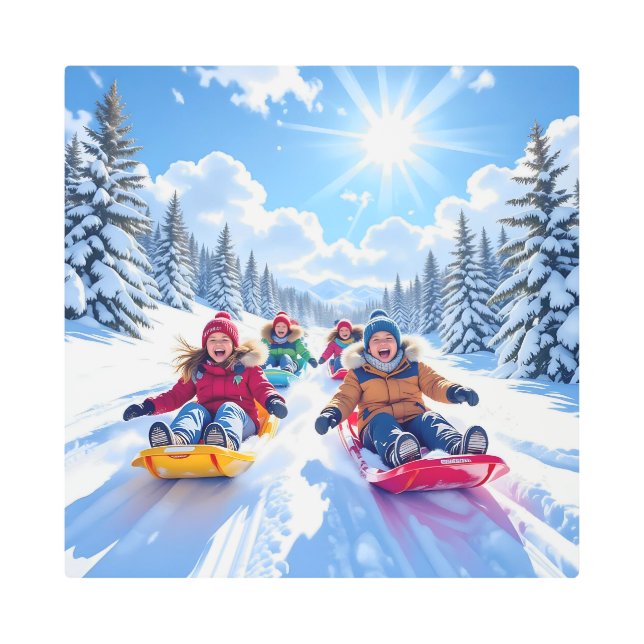 Children Sledding Winter Christmas Metal Print (Front)