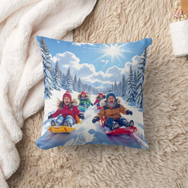 Children Sledding Winter Christmas Throw Pillow (Blanket)