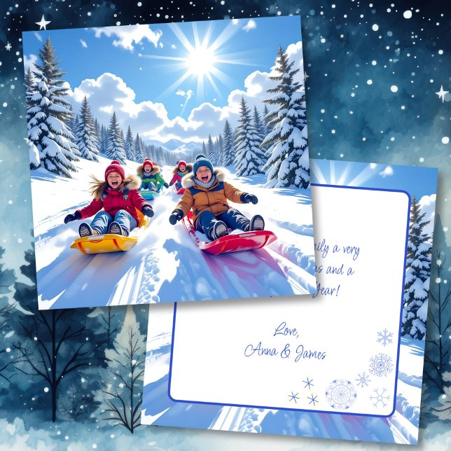 Children Sledding Winter Personalized Christmas Card (Creator Uploaded)