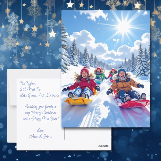 Children Sledding Winter Personalized Christmas Postcard (Creator Uploaded)