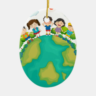 Children standing around the earth ceramic ornament