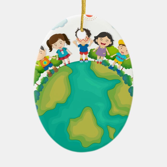Children standing around the earth ceramic ornament (Front)