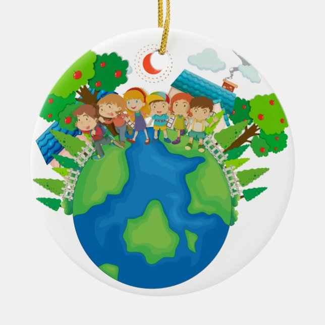 Children standing around the world ceramic ornament (Front)
