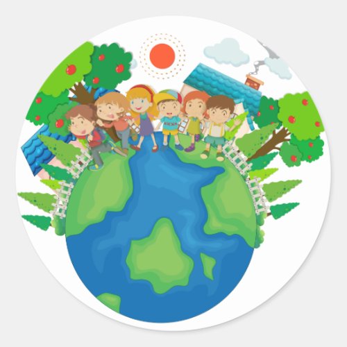 Children standing around the world classic round sticker