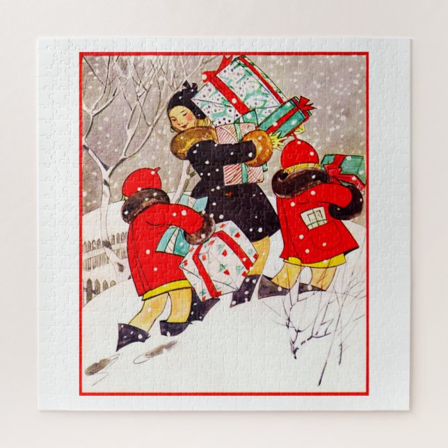 Children Struggling with Christmas Presents in Sno Jigsaw Puzzle (Vertical)