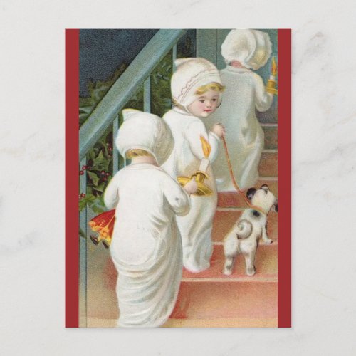 Children Tip Toe Up the Stairs With Dog Christmas Postcard