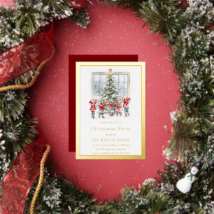 Children & Tree Gold Foil Christmas Party Foil Invitation