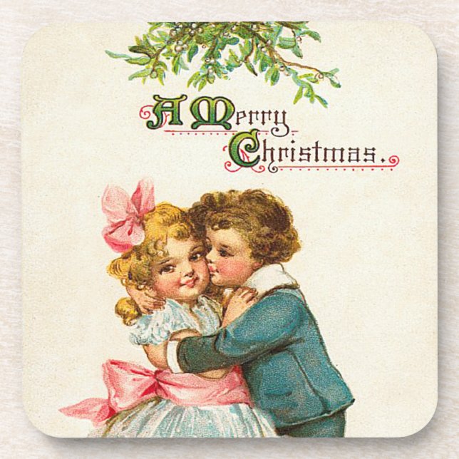 Children Under the Mistletoe Set of Cork Coasters (Front)