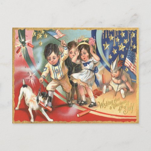 Children US Flag Dog Fireworks Firecracker Postcard