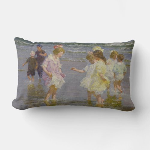 Children Wading on the Beach by EH Potthast Lumbar Pillow